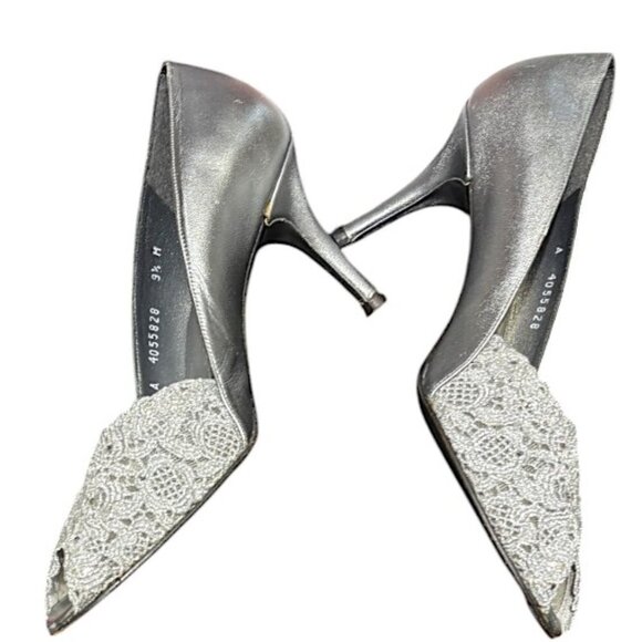 Stuart Weitzman Vintage Silver Chantilly Lace Gem Formal Peep Toe Heels Size 9.5 - Picture 9 of 12